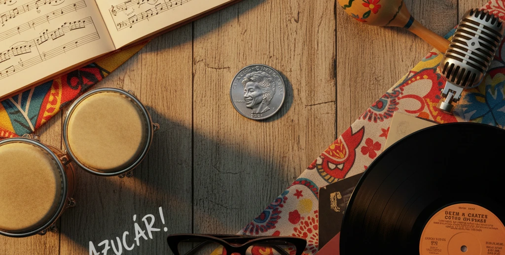  Flat lay of Celia Cruz quarter with music-themed elements