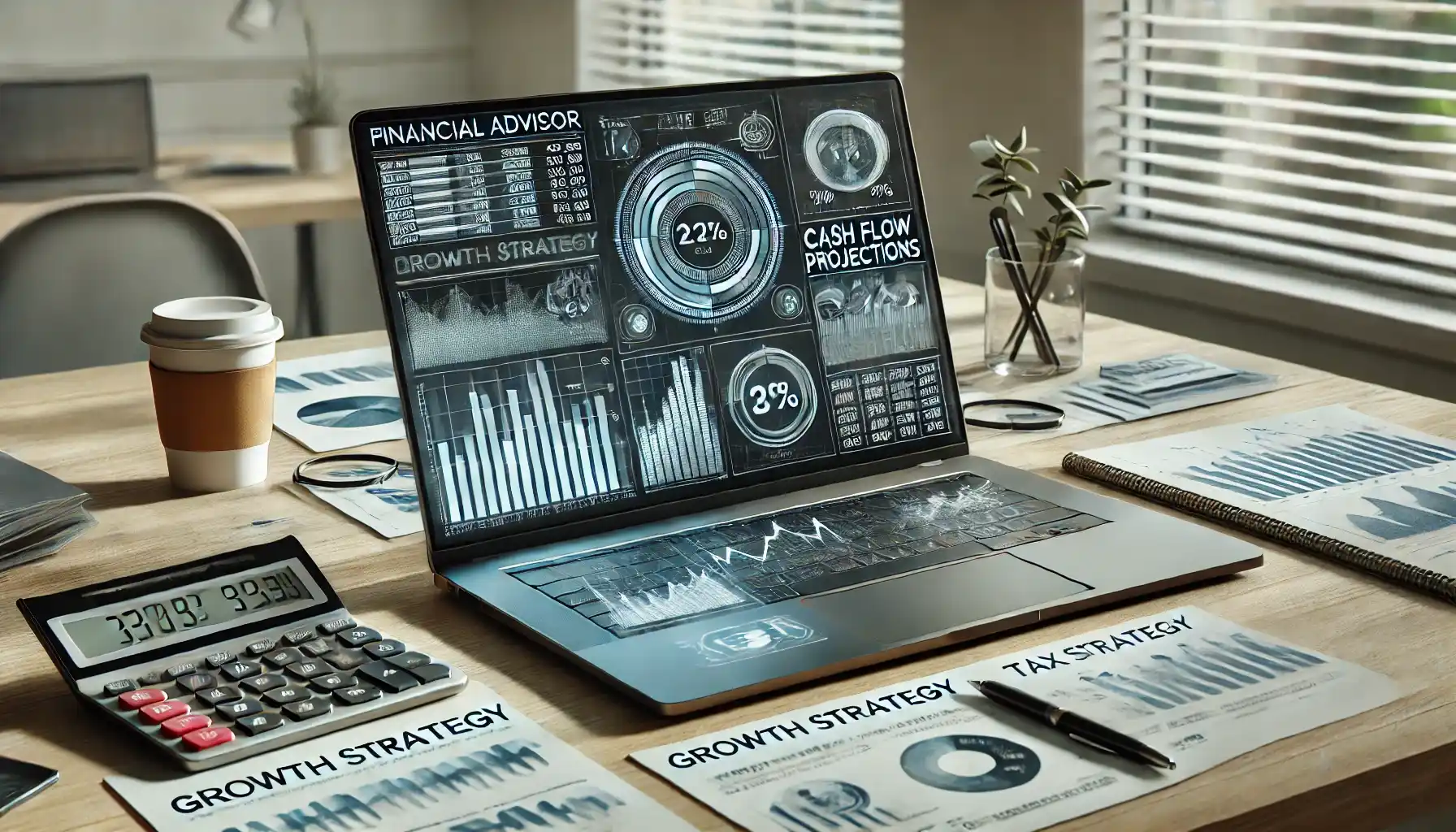a workspace where a financial advisor is presenting a digital dashboard on a laptop showing real-time financial data.