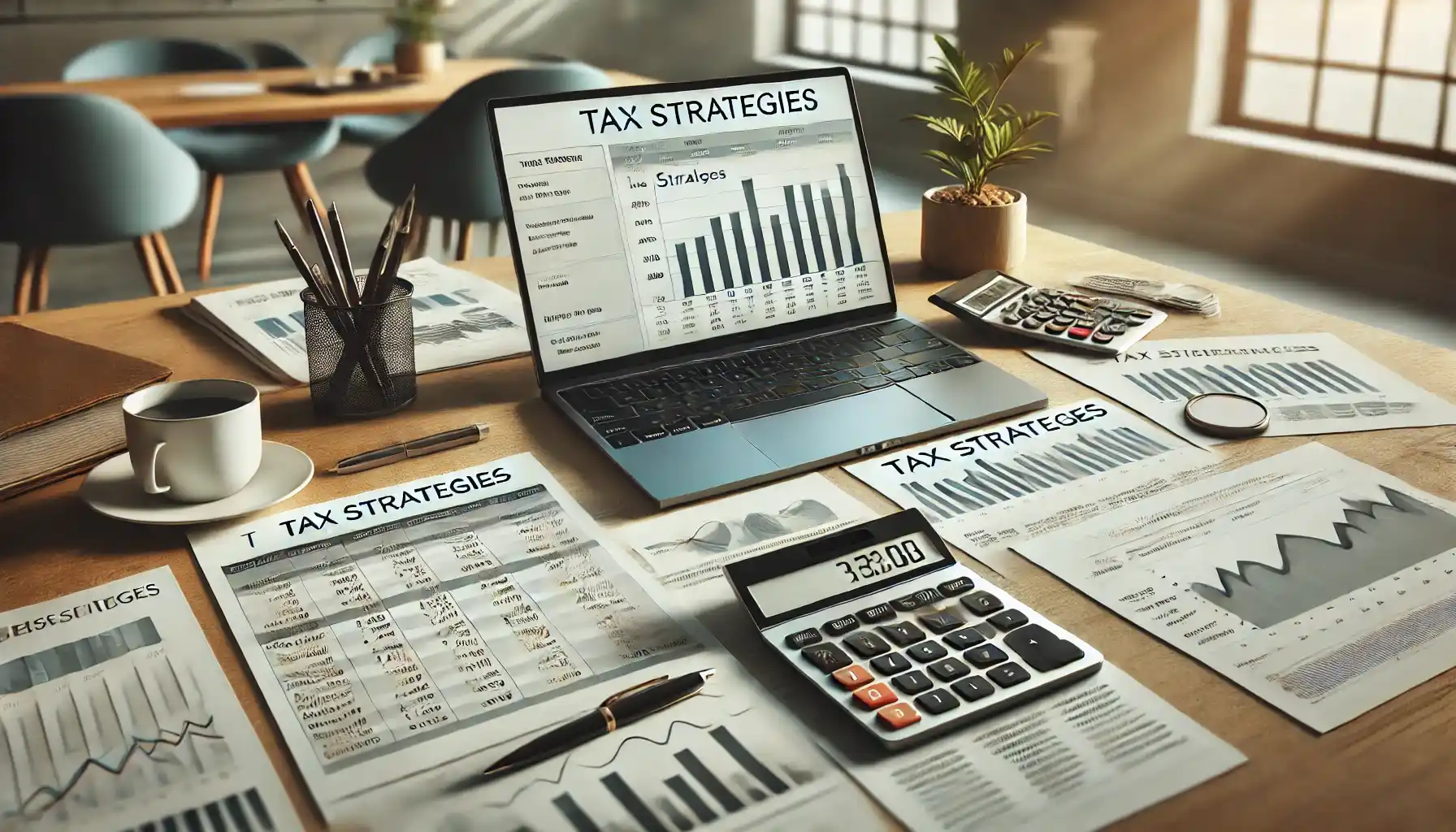 a modern desk setup with a focus on financial documents, charts, and a laptop displaying a tax planning spreadsheet.