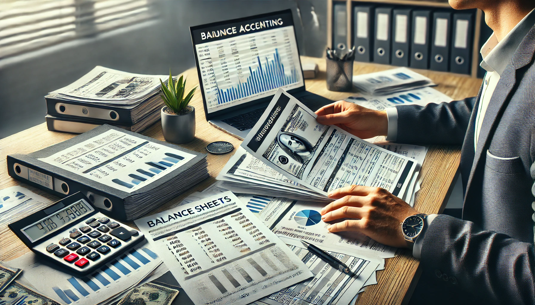 a small business owner reviewing financial documents, balance sheets, and accounting papers at a desk.