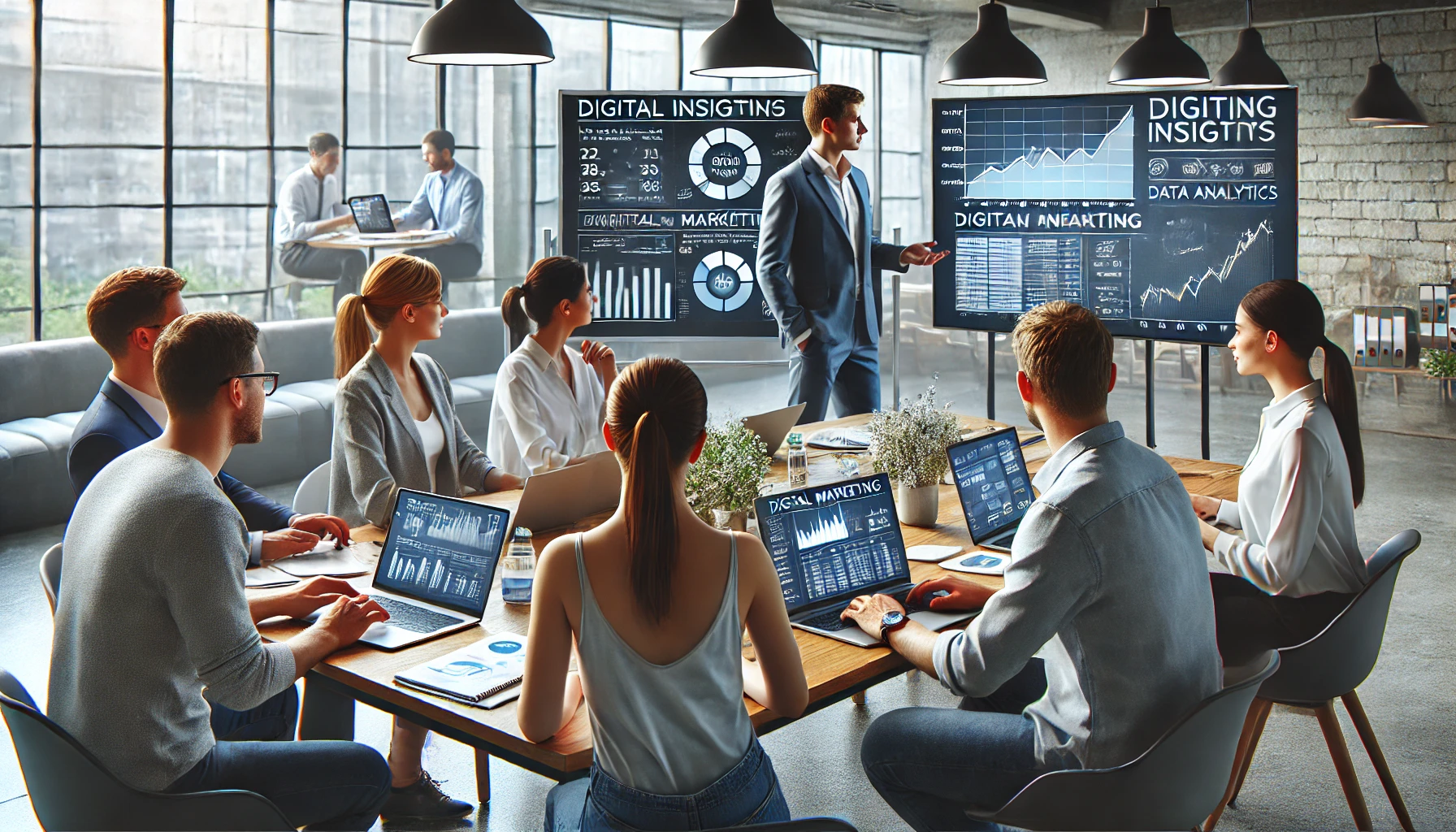 A small business owner working with a digital marketing and data analytics team.