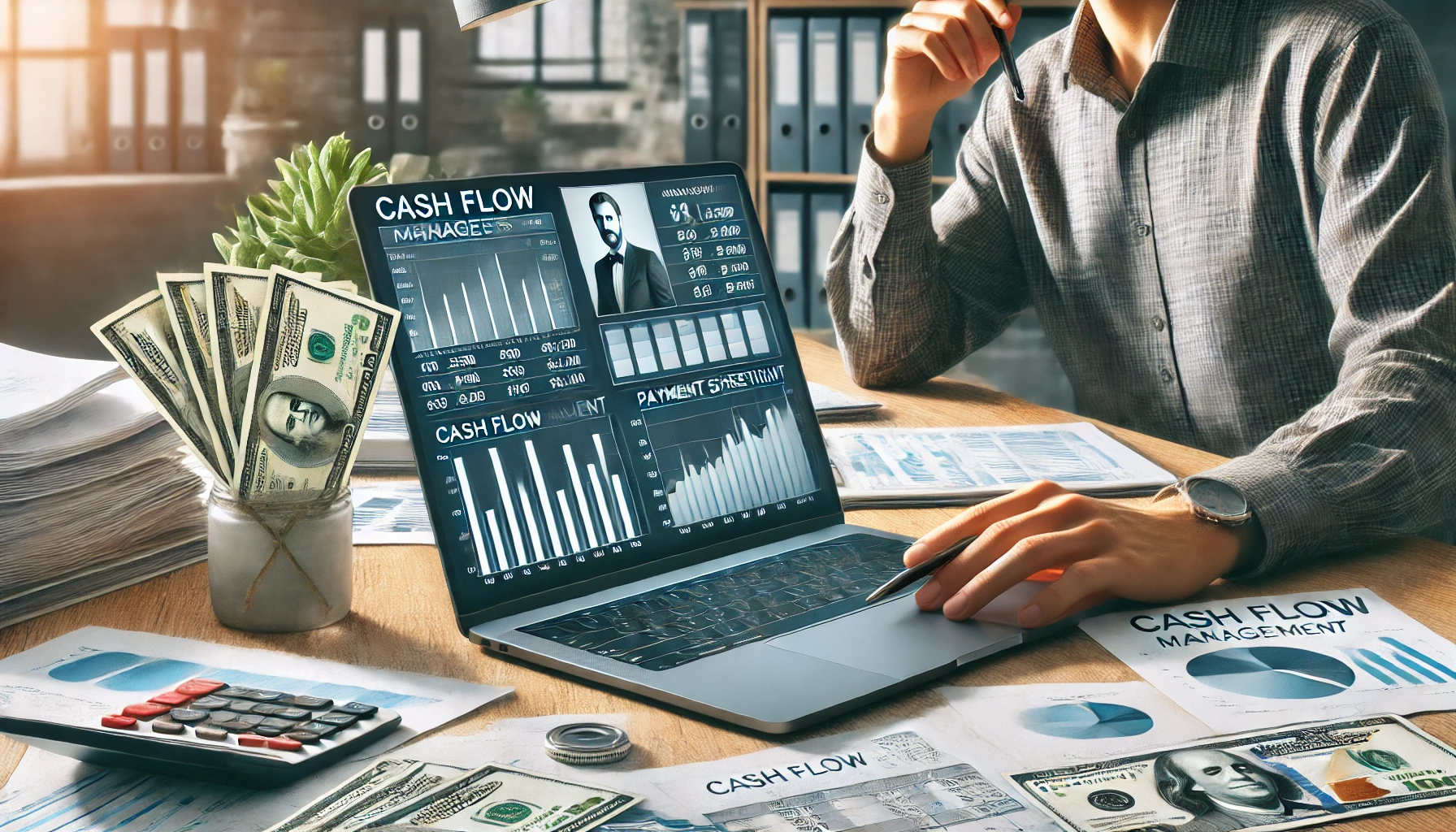 a business owner reviewing cash flow management strategies.