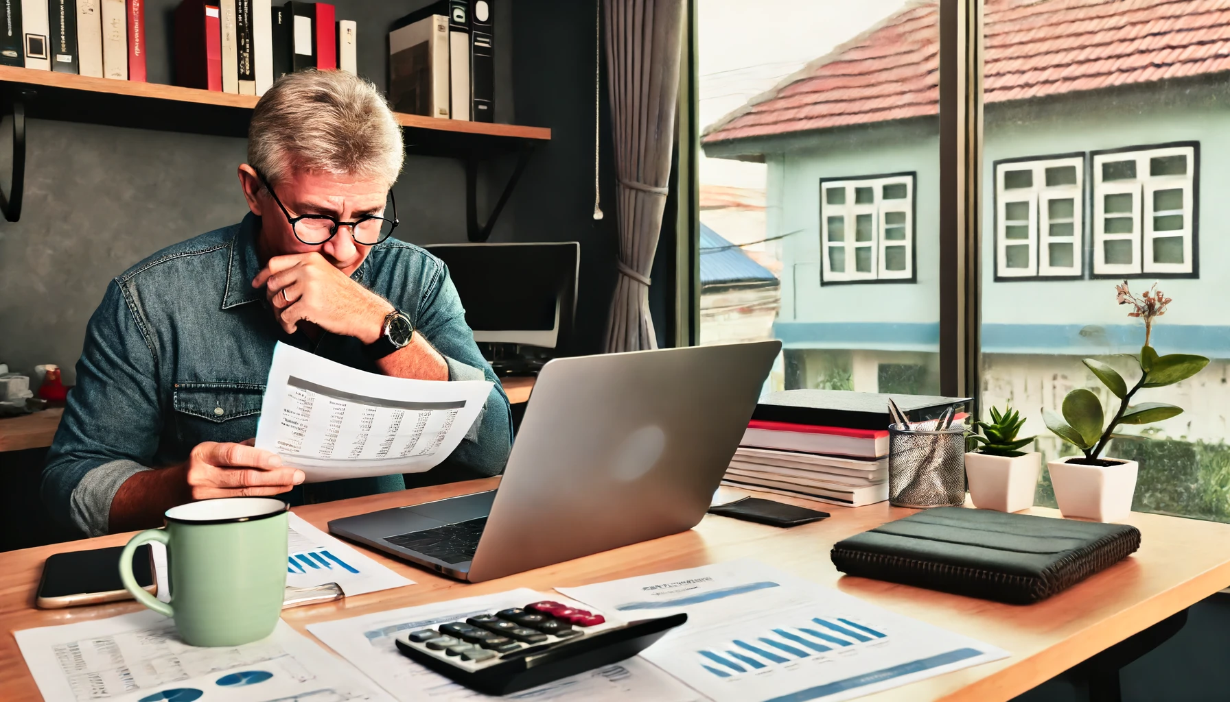a small business owner at their desk, surrounded by financial documents, a laptop, and a calculator