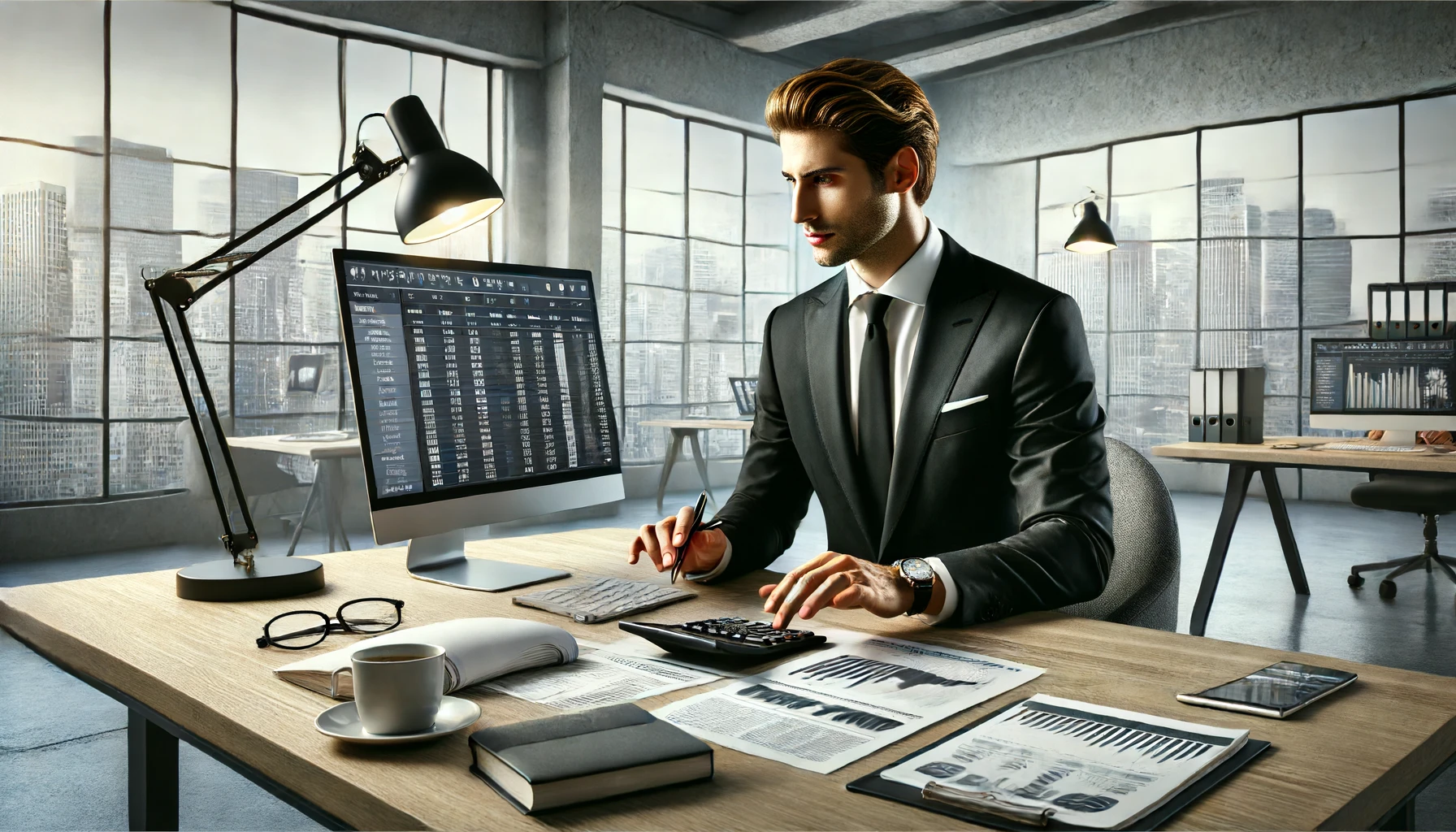 a professional accountant reviewing financial documents at their desk