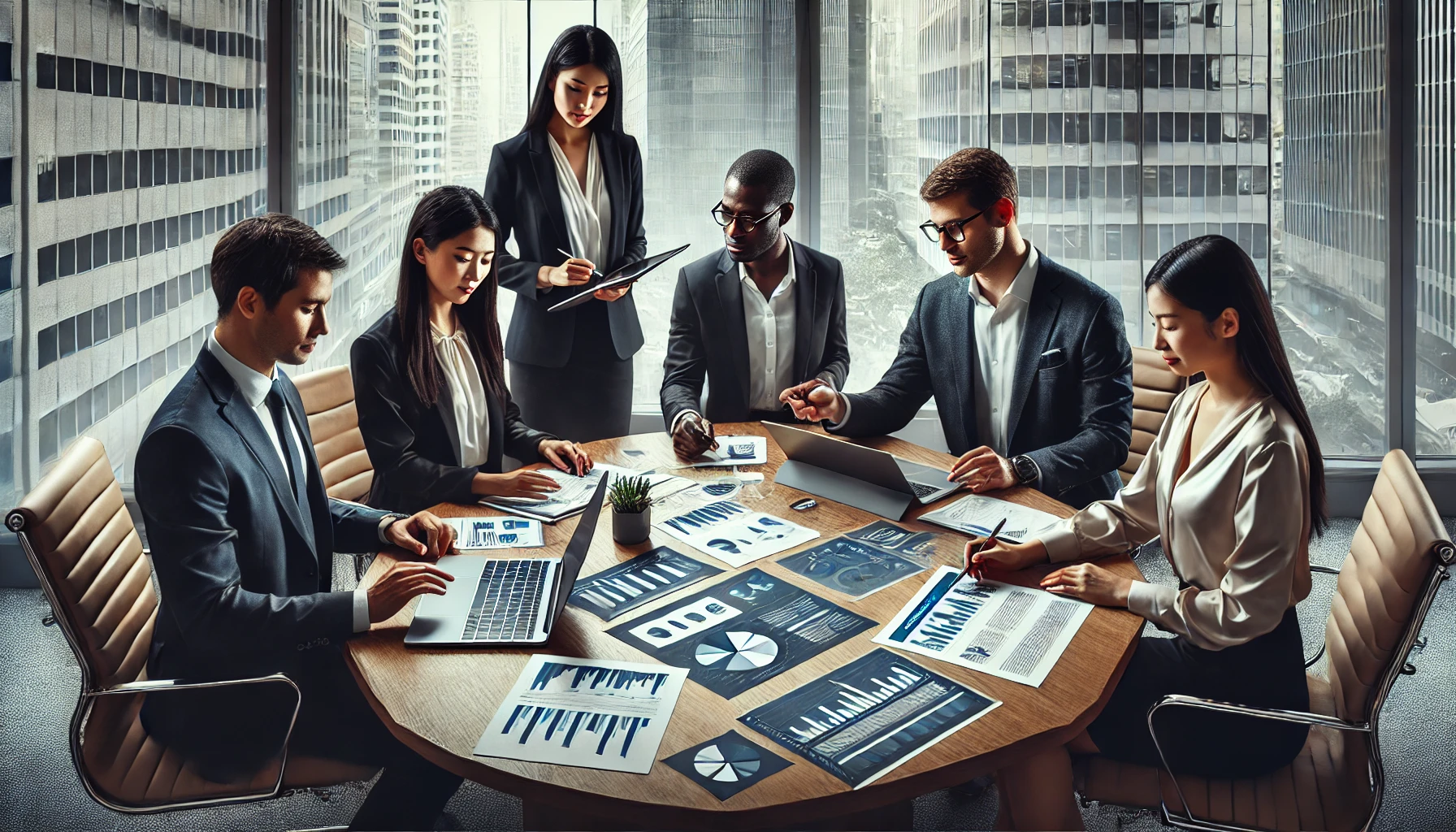 a diverse team of business professionals discussing financial strategies in a modern office setting