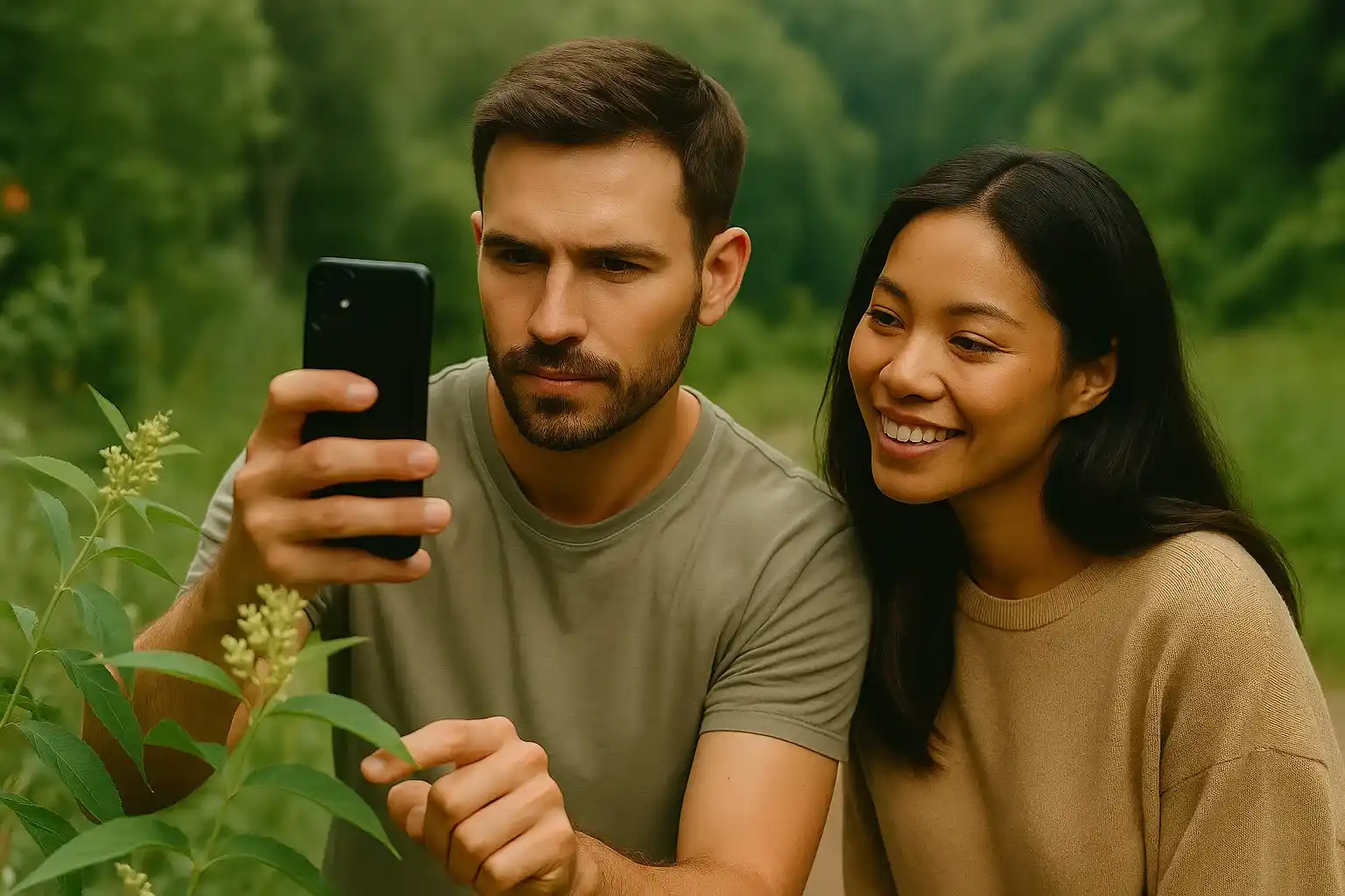 A man photographs wild plants during a walk while his friend looks on, highlighting how plant ID apps can be used anywhere.