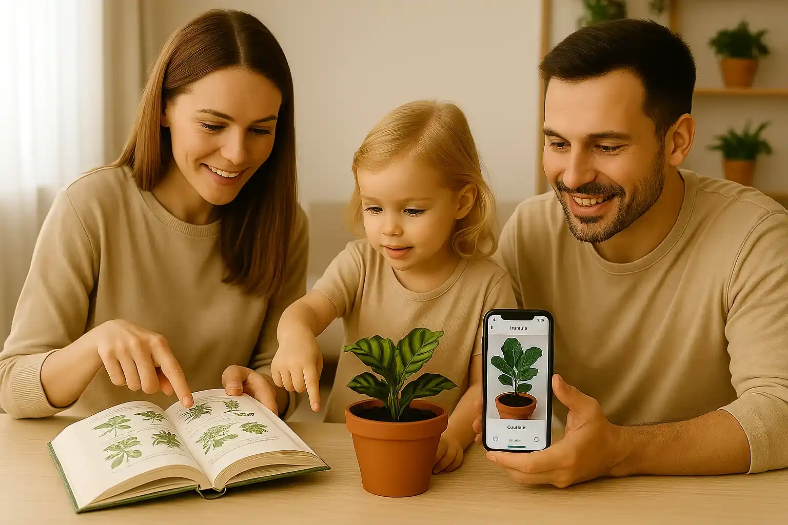 A family compares a plant book and a smartphone app to identify a houseplant, showing how technology complements traditional methods.