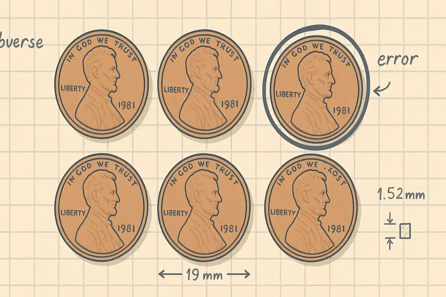 A comparison of regular and misstruck pennies on a graph.